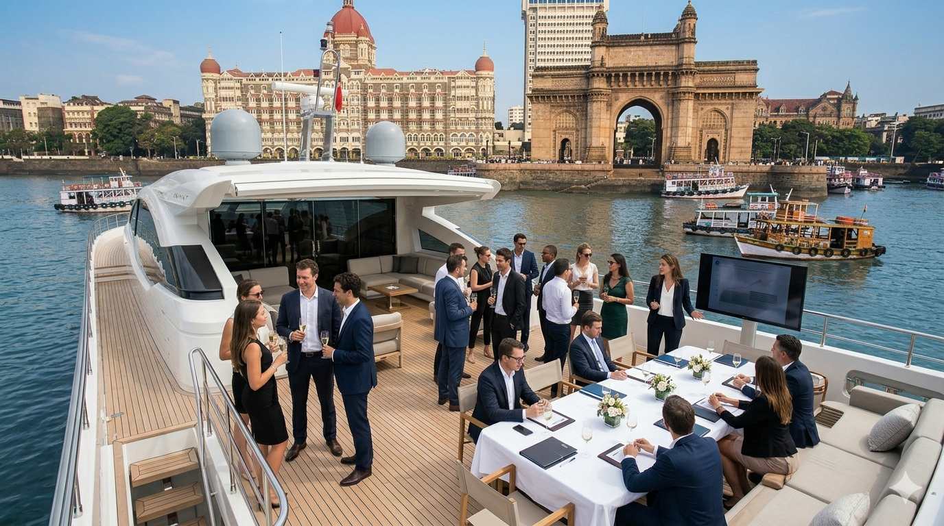 Corporate business professionals networking on a luxury yacht deck
