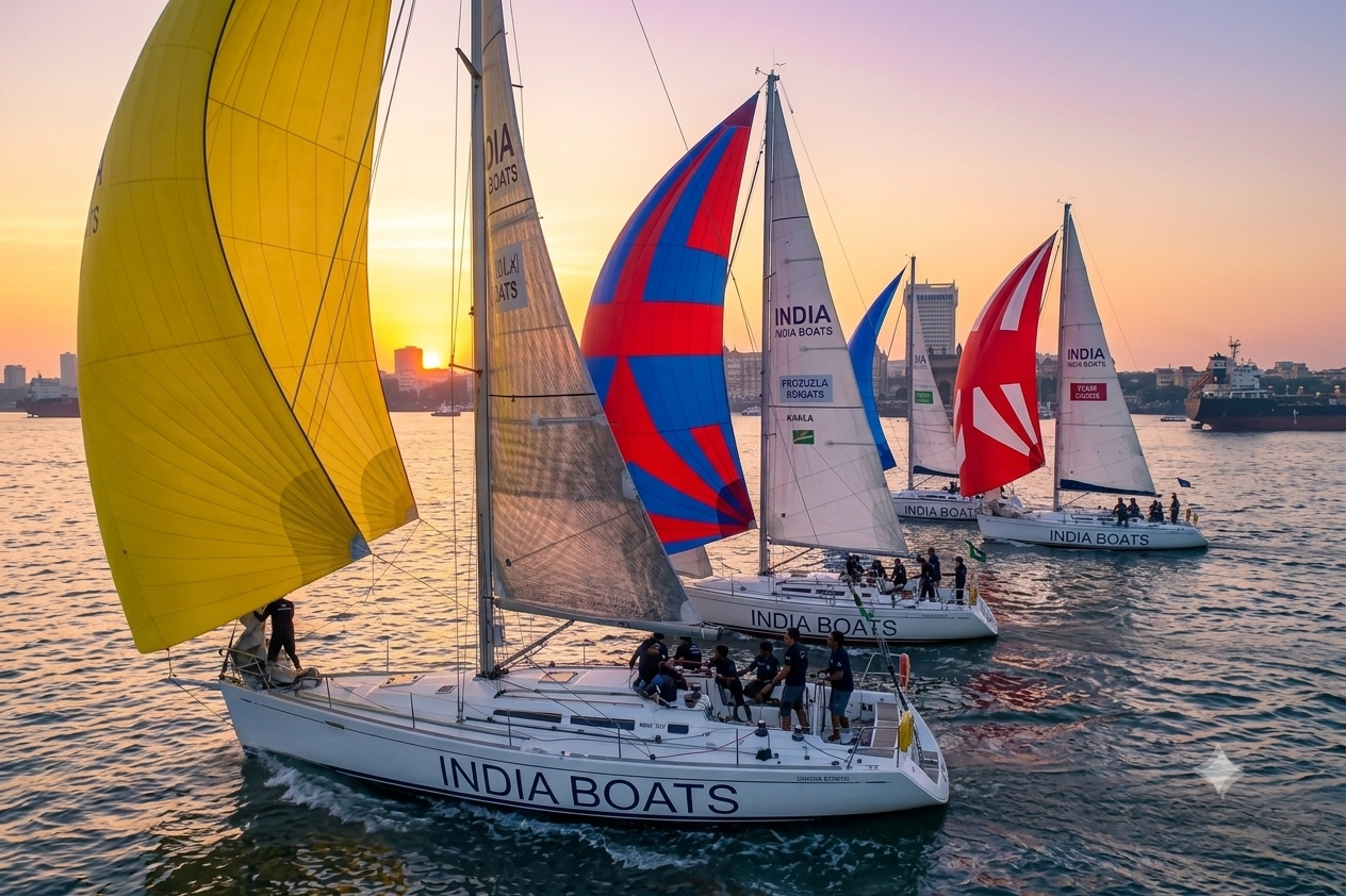 Corporate yacht racing teams working in perfect coordination on Mumbai waters