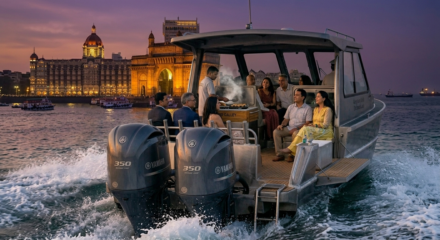 Guests on an India Boats boat with the Gateway of India and Taj Mahal Palace lit behind them