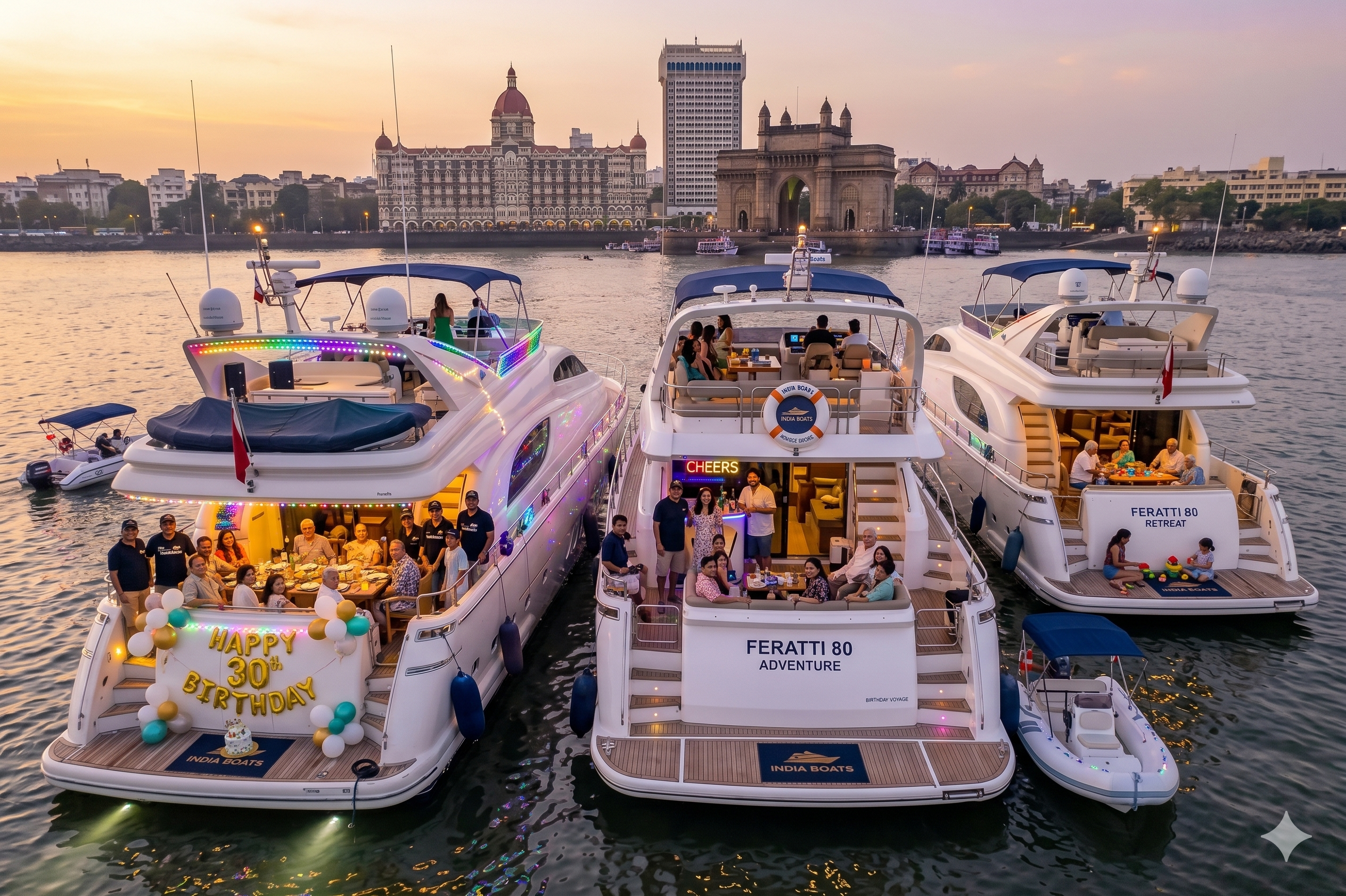 Yachts hosting guests on Mumbai harbour near the Gateway of India