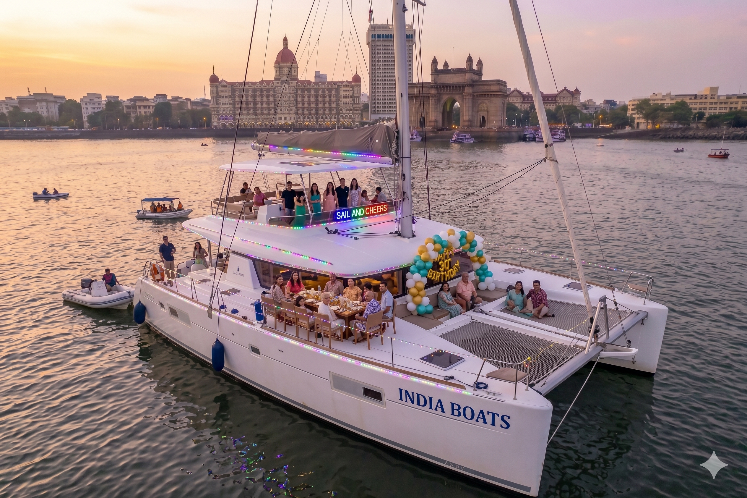 Friends celebrating on an India Boats yacht near the Gateway of India